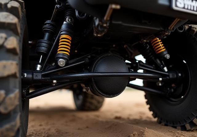 Close up of off-road suspension springs and shocks, ready for adventure