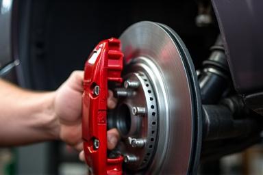 Mechanic installing a new brake caliper on a vehicle, ensuring braking safety