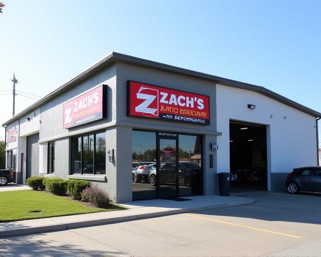Exterior view of Zach's Auto Repair shop with prominent signage